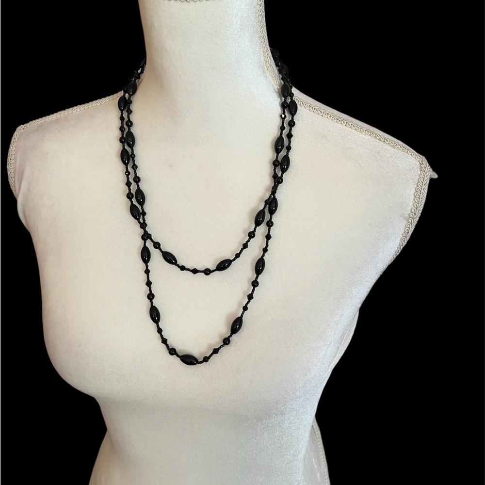 GATSBY style long black “jet” beads, can be doubled or nodded. Plastic. Easy!